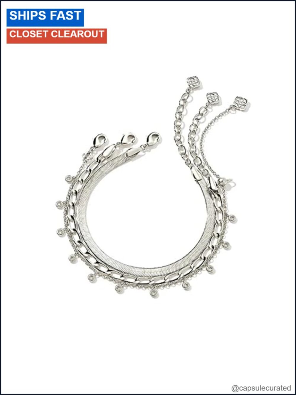 Kassie Set of 3 Chain Bracelets Herringbone Paperclip Crystal Charm